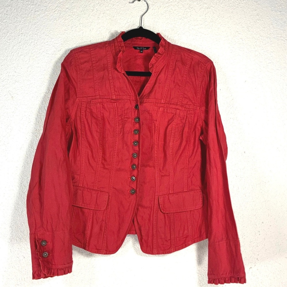 Nic +‎ Zoe Womens Red Ruffle Collar Cotton Utility Jacket Blazer Size 12